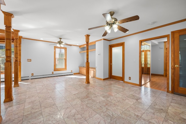 unfurnished room with ceiling fan, a baseboard radiator, crown molding, and decorative columns