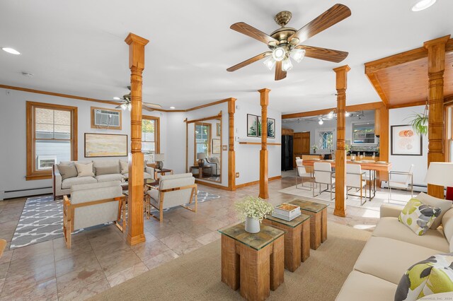 living room featuring ceiling fan, baseboard heating, ornamental molding, and a wall unit AC