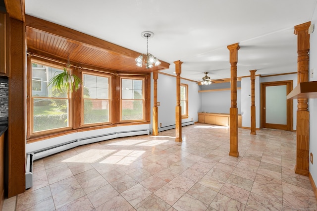 interior space featuring wooden ceiling, ceiling fan with notable chandelier, crown molding, and a baseboard radiator