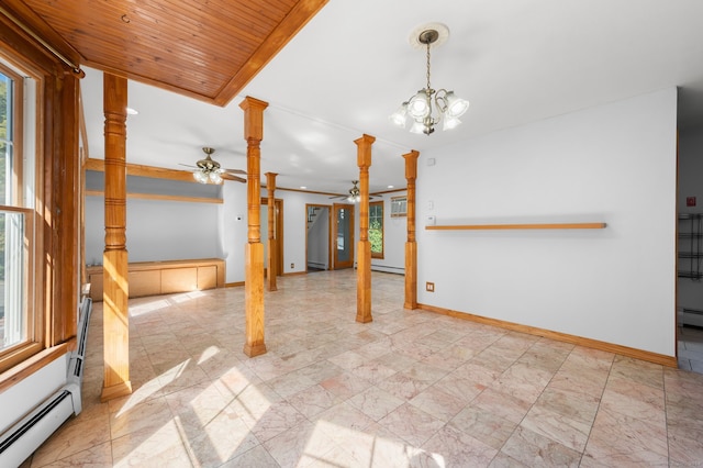 interior space featuring ceiling fan with notable chandelier, a baseboard radiator, and wooden ceiling