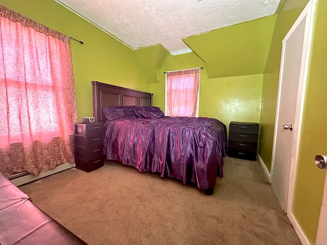 carpeted bedroom featuring lofted ceiling, baseboard heating, and a textured ceiling