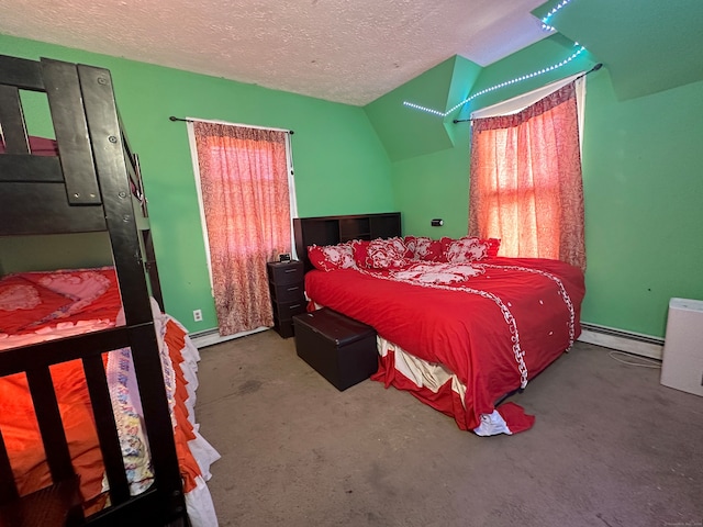 bedroom with carpet floors, a textured ceiling, vaulted ceiling, and a baseboard heating unit