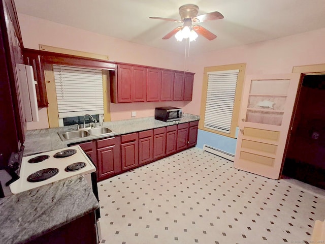 kitchen featuring ceiling fan, white electric range oven, sink, and a baseboard heating unit