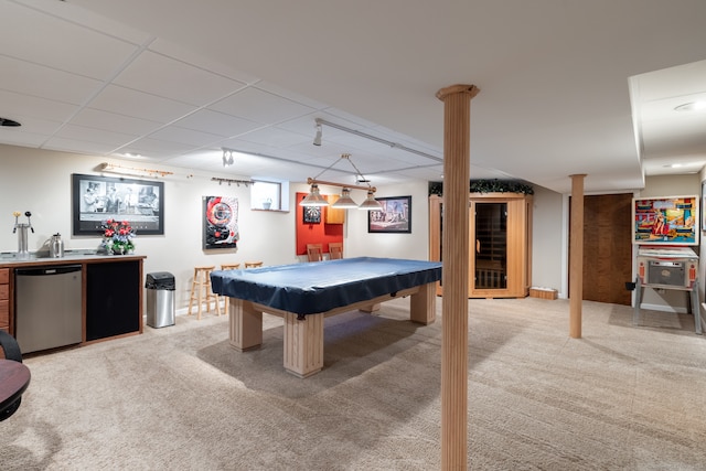 playroom with light carpet and billiards