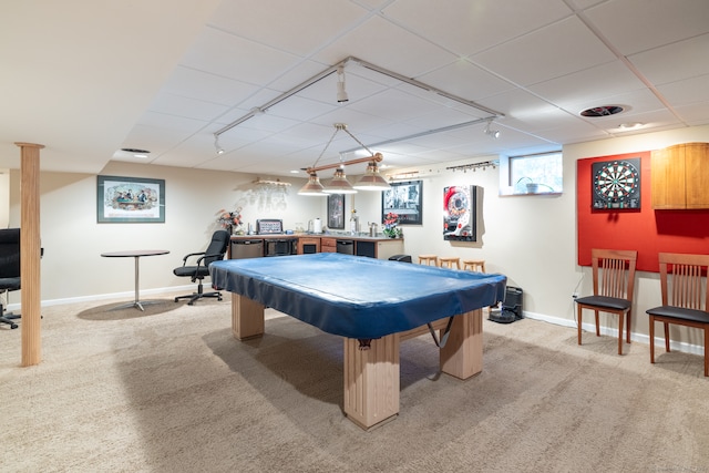 game room with bar area, light carpet, and billiards