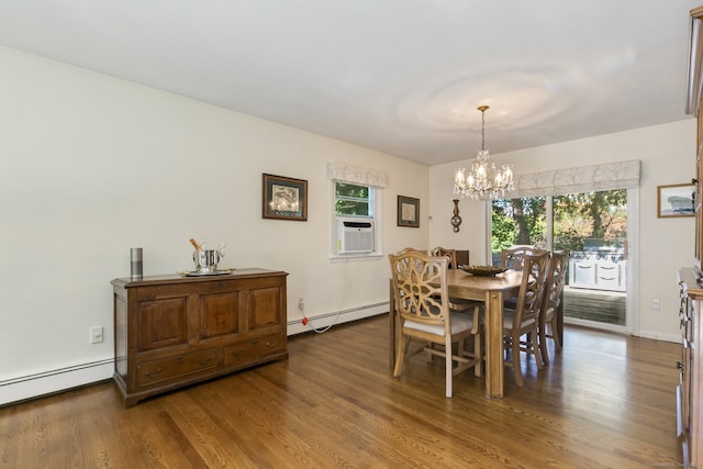 dining area with wood-type flooring, cooling unit, an inviting chandelier, and a baseboard heating unit