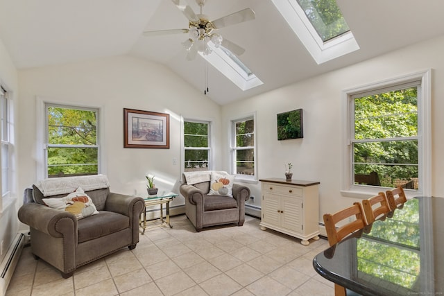 living area featuring lofted ceiling, light tile patterned floors, a baseboard heating unit, and a healthy amount of sunlight