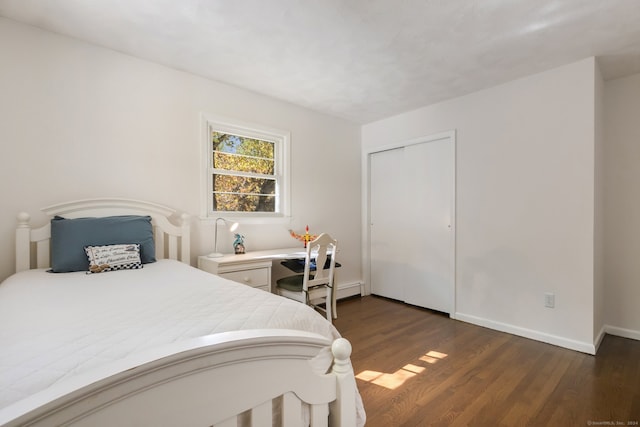 bedroom featuring dark wood-type flooring and a closet