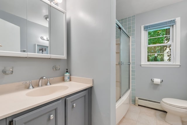 full bathroom with vanity, enclosed tub / shower combo, tile patterned flooring, a baseboard radiator, and toilet