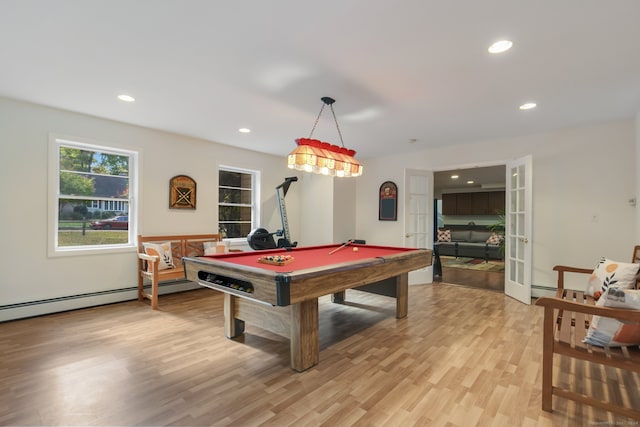 rec room featuring pool table, french doors, and light hardwood / wood-style flooring