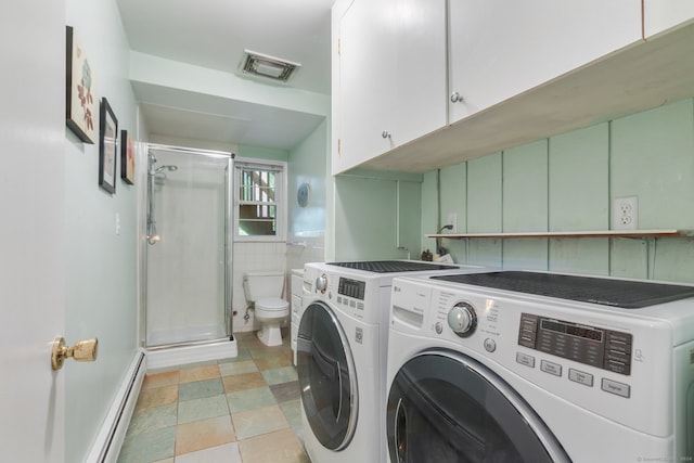 laundry area with washer and clothes dryer, tile walls, and a baseboard heating unit