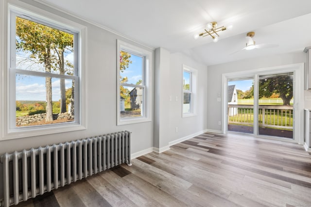 unfurnished room featuring ceiling fan, light hardwood / wood-style floors, lofted ceiling, and radiator