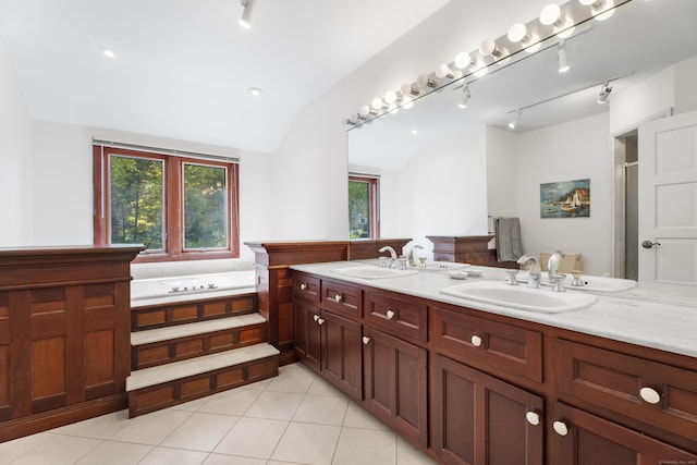6 Tantummaheag Rd, Old Lyme, CT 06371 - bathroom featuring lofted ceiling, double vanity, a garden tub, tile patterned flooring, and rail lighting