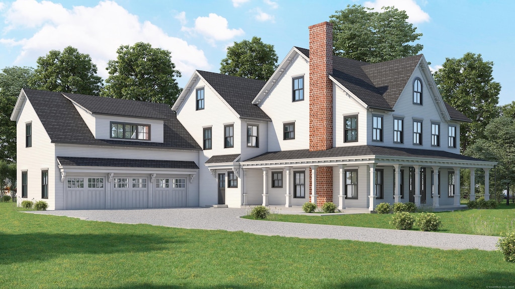 modern inspired farmhouse with a porch, a front lawn, driveway, a chimney, and an attached garage