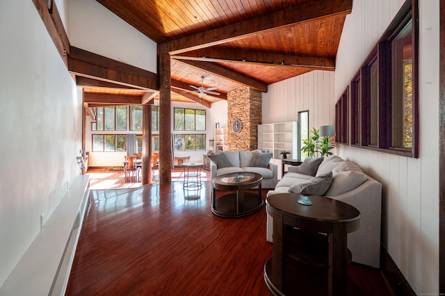 living room with ceiling fan, wooden ceiling, lofted ceiling with beams, wood walls, and hardwood / wood-style flooring