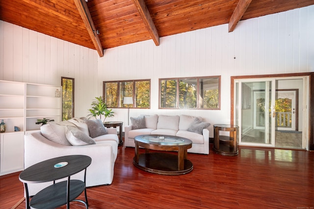 living room featuring vaulted ceiling with beams, wood walls, wood ceiling, and dark wood-type flooring