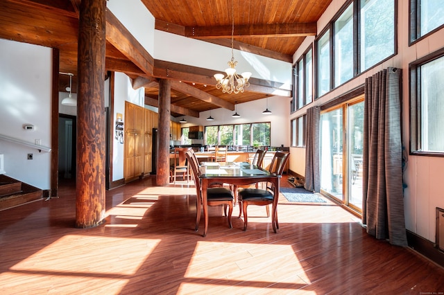 dining room featuring beamed ceiling, wood ceiling, a notable chandelier, and light wood-type flooring