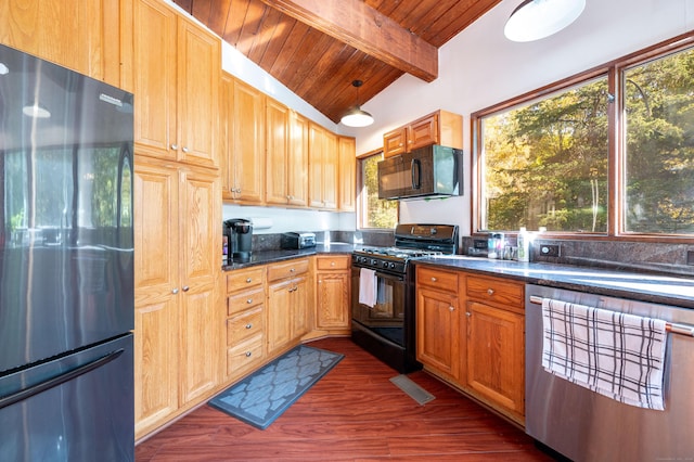 kitchen featuring wooden ceiling, beamed ceiling, black appliances, and dark hardwood / wood-style floors