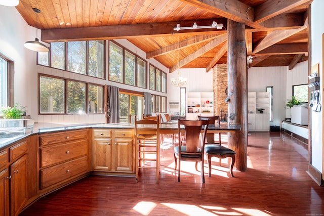 kitchen featuring beam ceiling, wood ceiling, hanging light fixtures, and high vaulted ceiling