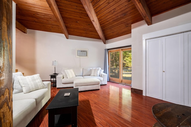 living room featuring vaulted ceiling with beams, wood-type flooring, and wood ceiling