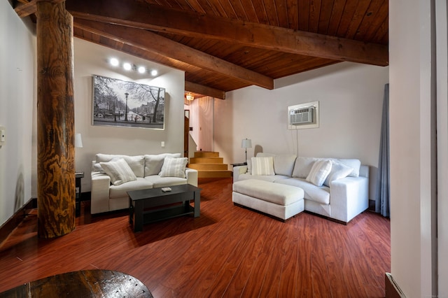 living room featuring beamed ceiling, hardwood / wood-style floors, an AC wall unit, and wood ceiling