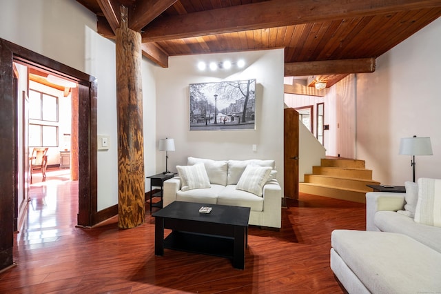 living room featuring a wealth of natural light, wooden ceiling, and wood-type flooring