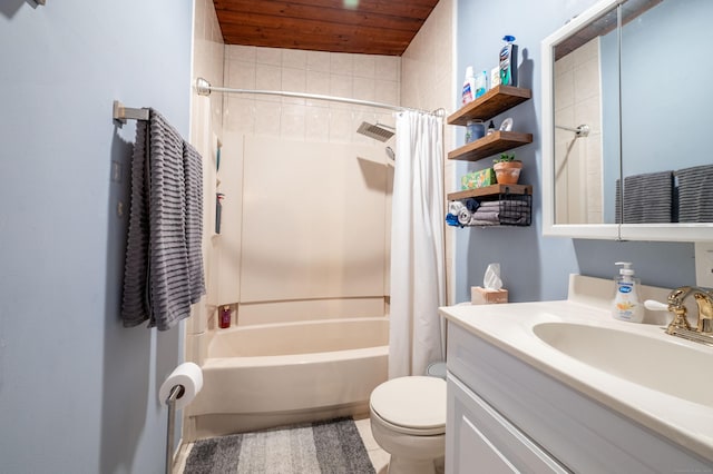 full bathroom with vanity, wooden ceiling, tile patterned flooring, toilet, and shower / tub combo