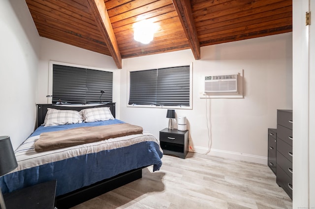 bedroom with lofted ceiling with beams, a wall unit AC, light wood-type flooring, and wood ceiling