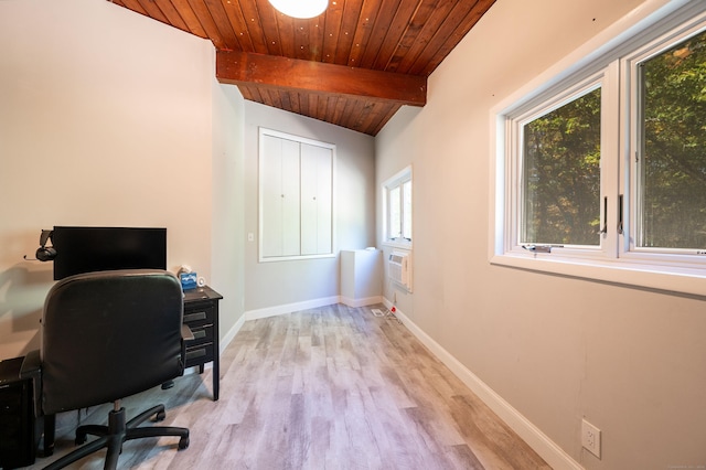 office with lofted ceiling with beams, light hardwood / wood-style flooring, and wooden ceiling