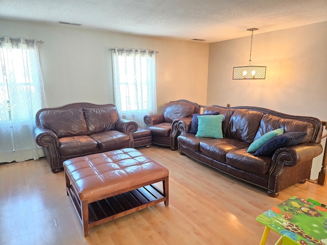 living room featuring a textured ceiling and hardwood / wood-style flooring