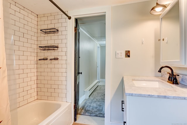 bathroom featuring shower / bathtub combination with curtain, a baseboard heating unit, and vanity