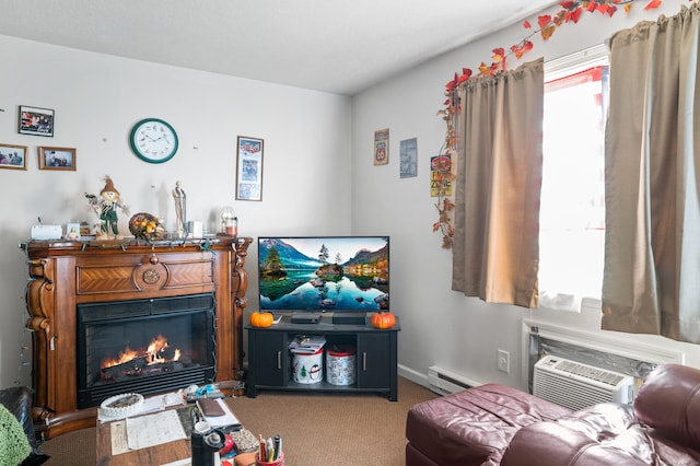 living room featuring carpet flooring, a baseboard radiator, and a wall mounted air conditioner