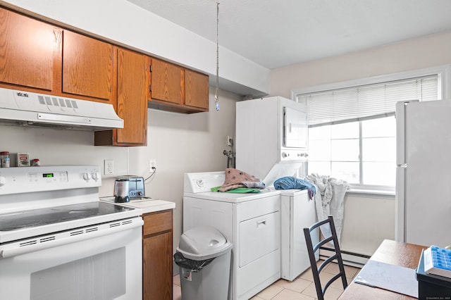 35 Mountain Village Rd Unit 8, Waterbury, CT 06706 - kitchen with white appliances, under cabinet range hood, brown cabinetry, light countertops, and light tile patterned floors