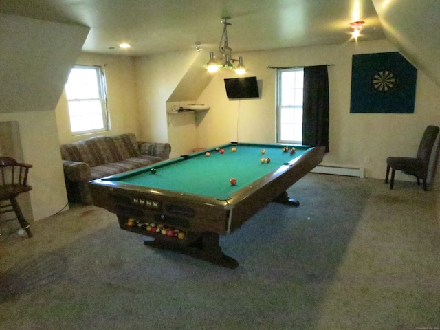 game room with carpet flooring, lofted ceiling, a baseboard heating unit, and pool table