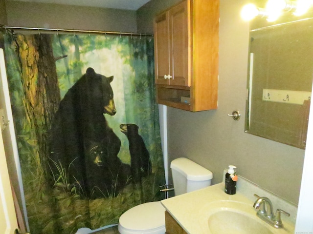 bathroom with vanity, curtained shower, and toilet