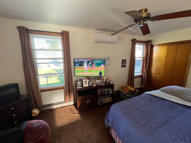 bedroom with a closet, a wall mounted AC, a baseboard radiator, dark colored carpet, and ceiling fan