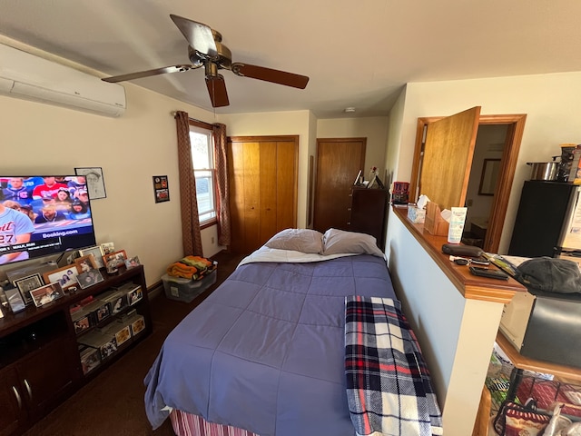 bedroom featuring ceiling fan and a wall mounted air conditioner