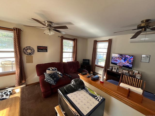 living room with ceiling fan and dark carpet