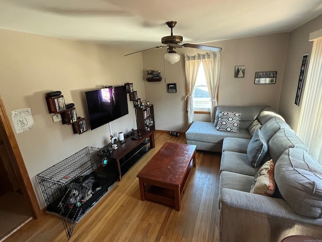 living room featuring hardwood / wood-style floors and ceiling fan