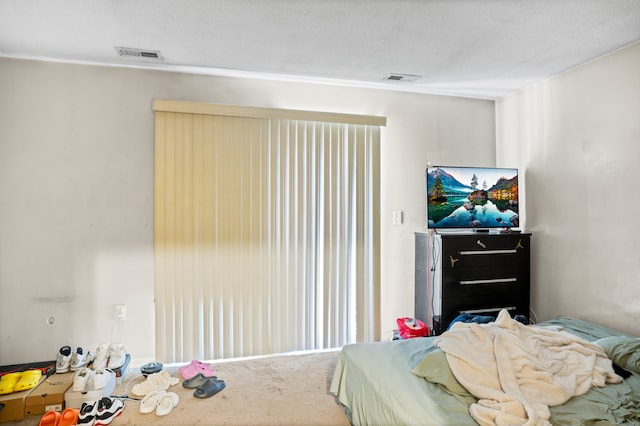 bedroom with a textured ceiling and carpet floors