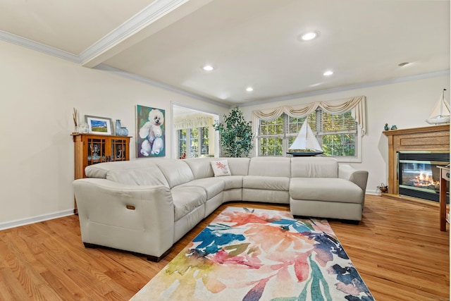 living room with beamed ceiling, ornamental molding, and light hardwood / wood-style flooring