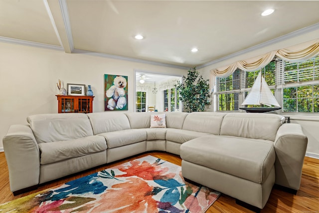 living room featuring hardwood / wood-style flooring, ceiling fan, and ornamental molding