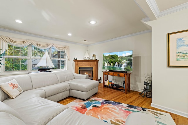 living room featuring hardwood / wood-style flooring and ornamental molding