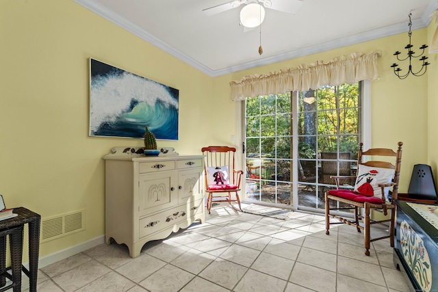 living area featuring light tile patterned floors, ceiling fan, and ornamental molding