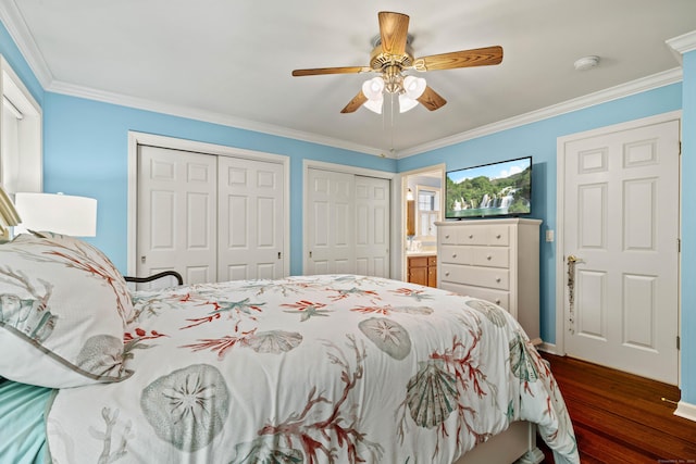 bedroom with ceiling fan, dark hardwood / wood-style floors, ornamental molding, and multiple closets