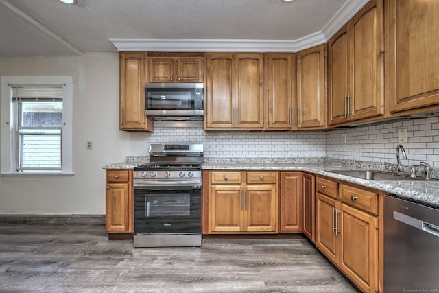 kitchen featuring dark wood-type flooring, sink, light stone counters, and stainless steel appliances