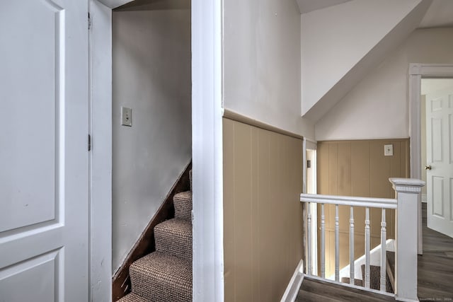 stairs with lofted ceiling and wood-type flooring