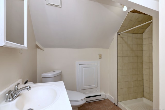 bathroom with toilet, a baseboard heating unit, sink, tiled shower, and tile patterned floors