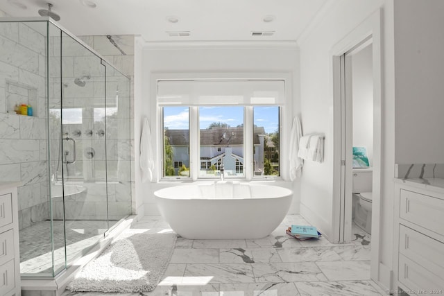 full bathroom with vanity, toilet, independent shower and bath, and ornamental molding