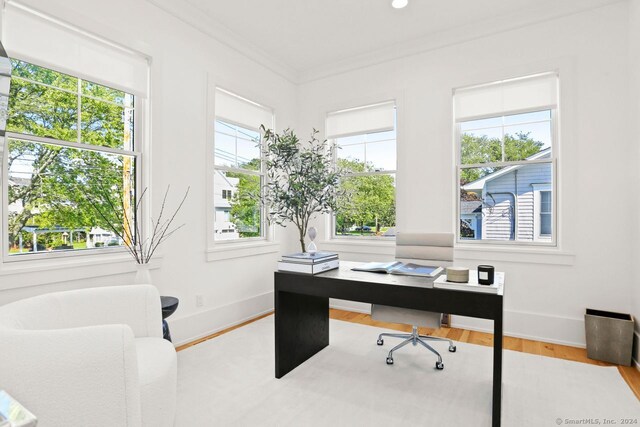 office with ornamental molding, hardwood / wood-style floors, and a healthy amount of sunlight